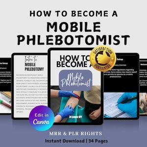 Könnte beinhalten: Ein digitaler Produktführer mit dem Titel "Wie man ein mobiler Phlebotomist wird" mit einer blauen und roten Grafik eines menschlichen Arms mit einer Nadel. Der Leitfaden umfasst Abschnitte zu Unternehmensgründung, Einführung in die mobile Phlebotomie, Einrichtung und Vernetzung. Der Leitfaden umfasst 34 Seiten und beinhaltet eine Zufriedenheitsgarantie.