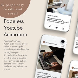 May include: A promotional image for a digital product, featuring a Faceless YouTube Animation guide. The image includes text about the product's features and benefits, along with mockups of mobile devices displaying the product's content.