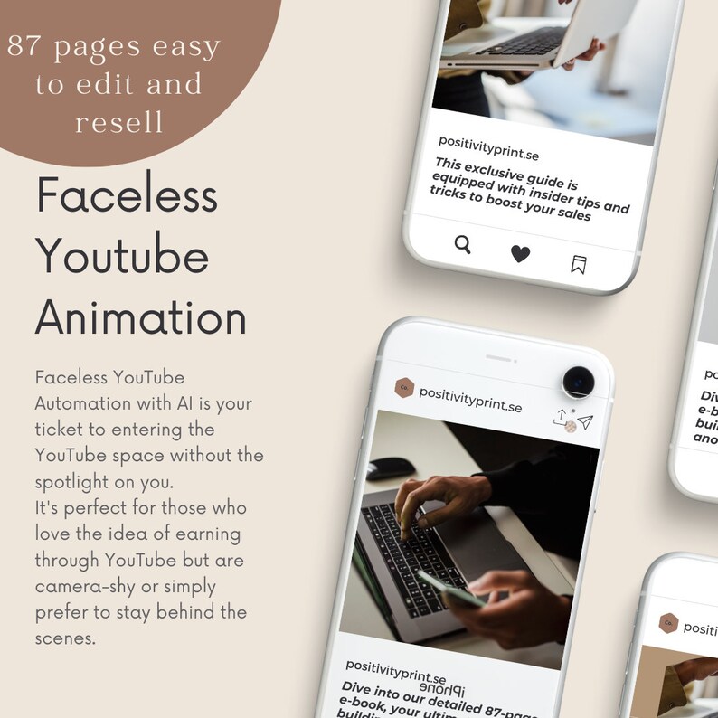 May include: A promotional image for a digital product, featuring a Faceless YouTube Animation guide. The image includes text about the product's features and benefits, along with mockups of mobile devices displaying the product's content.
