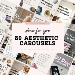 May include: A collage of images promoting 80 aesthetic Instagram carousels for instant download. The images feature a variety of topics, including engagement, content creation, and growing on Instagram. The text "done for you" and "80 aesthetic carousels" are prominently displayed in a pink and white color scheme.