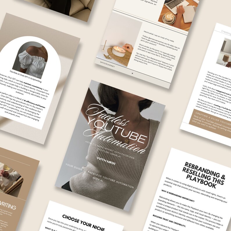 May include: A collection of printed guides and documents with the title "Faceless YouTube Automation" and the text "Your Guide to Faceless YouTube Automation with AI." Other documents include text about scripting, rebranding, and choosing a niche. The color scheme is neutral with beige and white.