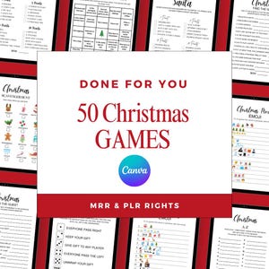 Könnte beinhalten: Ein digitaler Download von 50 Weihnachts-Spielen für Partys und Zusammenkünfte. Die Spiele sind so konzipiert, dass sie mit Freunden und Familie gespielt werden können. Der Text "DONE FOR YOU" und "50 Christmas Games" wird in weißer Schrift auf rotem Hintergrund angezeigt. Das Canva-Logo wird in der unteren rechten Ecke des Bildes angezeigt.