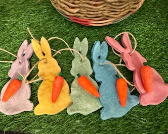 Handmade Pastel Salt Dough Bunny Ornaments with Carrots (set of 5)