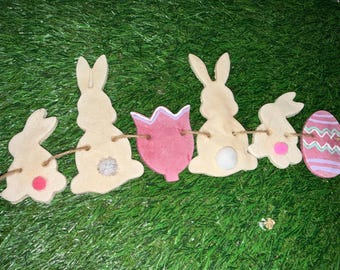 Hand-Painted Salt Dough Easter Garland – Bunnies, Eggs, Pastel Spring Décor