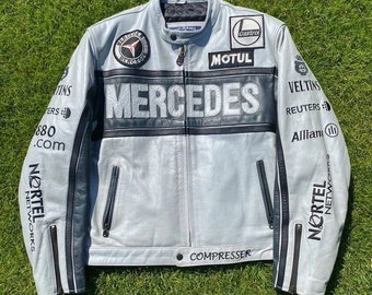 Mercedes jacket sport leather Racing Leather Jacket -Cowhide Leather gift for him