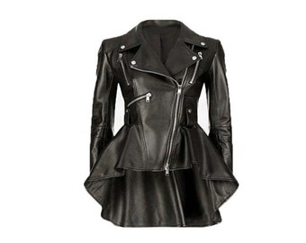 Women's Genuine Lambskin Black Peplum Waist Designer Biker Real Leather Jacket