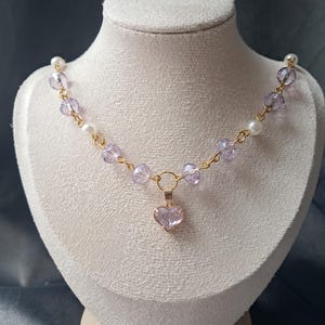 Princesscore purple glass beads necklace, fantasy heart pendant necklace, royalcore and princess aesthetic vibe jewelry, prom jewelry