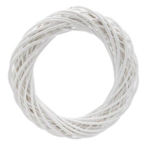 May include: A circular, white woven wreath, ideal for crafting or home decoration. The wreath is made of tightly woven, thin, white branches, creating a textured surface. The wreath is a simple, yet elegant, decorative item.