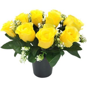 May include: A bouquet of yellow artificial roses in a black pot. The roses are arranged in a cluster and have a realistic appearance.