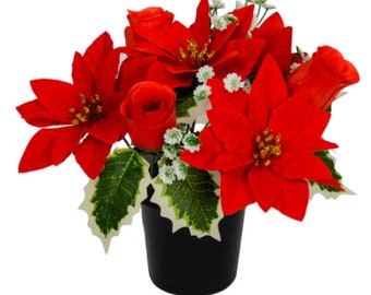 Artificial Red Rose Poinsettia Grave Pot Christmas Valentines Anniversary Flowers Decorative Ornament Crem Insert Cemetery Memorial Bouquet