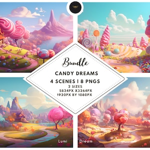 May include: A digital illustration of four scenes depicting a candy-themed landscape with lollipop trees, candy houses, and a winding path. The text "Bundle Candy Dreams 4 Scenes | 8 PNGs 2 Sizes 5824PX X3264PX 1920PX BY 1080PX Lumi Dream" is displayed in the center of the image.