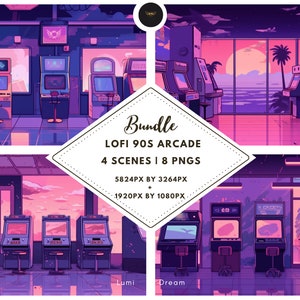 May include: A digital illustration of a retro arcade with neon lights and a sunset view. The arcade has rows of arcade cabinets with glowing screens. The text "Bundle Lofi 90s Arcade 4 Scenes | 8 PNGs 5824PX BY 3264PX + 1920PX BY 1080PX Lumi Dream" is displayed in the centre of the image.