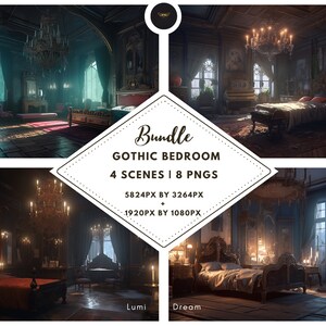 May include: A digital art bundle of four gothic bedroom scenes. Each scene features a large bed with ornate details, a chandelier, and candles. The scenes are rendered in a dark and moody style, with a focus on shadows and light.