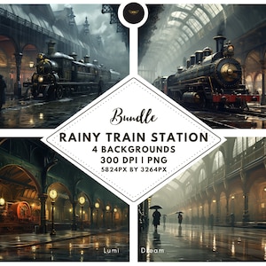Peut inclure: Une illustration numérique d'une gare ferroviaire pluvieuse avec un train à vapeur au premier plan. La gare a un haut plafond voûté avec des fenêtres cintrées et un long quai. Le train est vert foncé et noir avec des accents dorés. La gare est éclairée par des lampadaires et la pluie tombe en trombes.