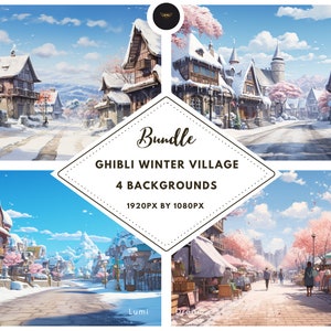 May include: Four digital backgrounds featuring a snowy village with a Ghibli-inspired aesthetic. The village is decorated with cherry blossoms and has a charming, whimsical feel.