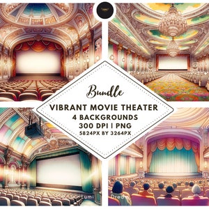 Könnte beinhalten: Ein digitales Kunstpaket mit vier lebendigen Kinohintergründen. Jeder Hintergrund zeigt ein detailliertes Theaterinterieur mit aufwendiger Architektur, Bestuhlung und einer großen Leinwand. Das Paket enthält PNG-Dateien mit einer Auflösung von 5824px x 3264px.
