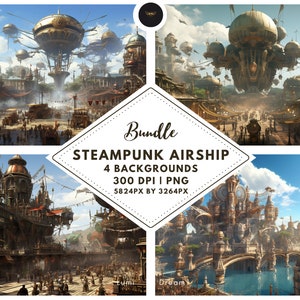 Steampunk Port, Vtuber Hintergrund, Twitch Virtueller Hintergrund, Zoom, Twitch Banner, Stream Hintergrund, Luftschiffe, Transportmittel, PNG Bundle