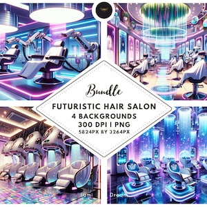 May include: Four digital illustrations of futuristic hair salons. The first image shows a salon with robotic hair cutting equipment. The second image shows a salon with a robot stylist cutting a person's hair. The third image shows a salon with a row of chairs with glowing orbs above them. The fourth image shows a salon with a row of chairs with glowing orbs above them and a sign that says "Dream".