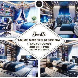 Könnte beinhalten: Vier digitale Illustrationen von Anime-Schlafzimmern im modernen Design. Jedes Schlafzimmer verfügt über ein Bett, einen Schreibtisch, einen Gaming-Stuhl und ein Bücherregal. Die Schlafzimmer haben unterschiedliche Farbschemata und Fensterblicke.