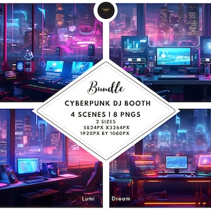 Cyberpunk DJ Booth, Vtuber Background, Twitch Virtual Background, Zoom, Twitch Banner, Stream Background, Dystopian Futuristic, PNGs, 4k