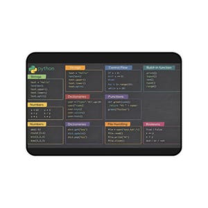 May include: Black rectangular mouse mat displaying Python programming syntax and commands. Sections include strings, numbers, dictionaries, control flow, functions, file handling, and booleans. The Python logo is in the upper left corner.