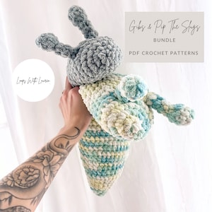 May include: A crochet pattern bundle for making two amigurumi slugs named Gibs and Pip. The slugs are made with a combination of gray, green, and white yarn. The pattern is available as a PDF download.