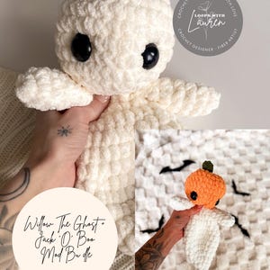 May include: A white crochet ghost plushie with large black eyes is held in a person's hand. The image also shows a smaller crochet pumpkin ghost. Text on the image reads "Willow The Ghost + Jack O' Boo Mod Bundle CROCHET PATTERN PDF."