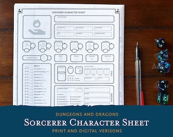 Sorcerer D&D Character Sheet DND 5E Character and Notes Sheets - Digital and Printable