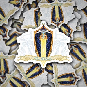 May include: A sticker featuring a shield and sword design with a banner that reads "The Paladin." The shield is blue and gold with a glowing yellow sword. The background is filled with similar stickers.