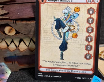 DnD NPC Card Set, Juniper Nimbus Monk, Physical Trading Cards, 5e Stat Block Items Homebrew Spell, TTRPG Gift, Grab & Go DnD