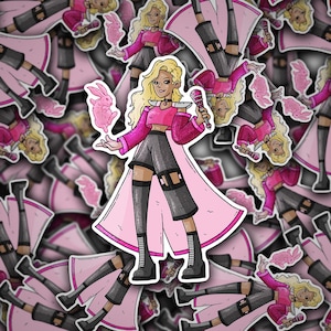 May include: A sticker featuring a cartoon illustration of a blonde character in a pink outfit, holding a microphone and a pink rabbit. The character is wearing a pink top, gray shorts, and black boots, with a pink cape. The background is filled with similar stickers.