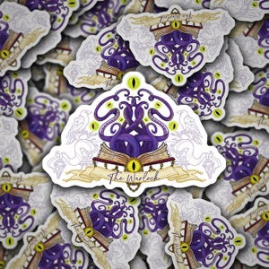 May include: A collection of stickers featuring a purple tentacled creature with multiple green eyes, emerging from an open book. The text "The Warlock" is displayed on a banner below the creature. The stickers have a white border.