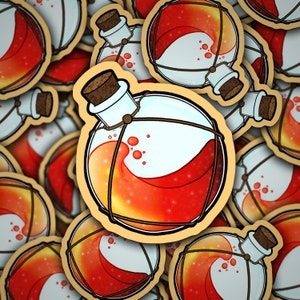 May include: A set of colorful stickers featuring glass bottles filled with a swirling red and orange liquid. The bottles have a cork stopper and a wire cage around the neck. The stickers are perfect for adding a touch of whimsy to journals, laptops, or water bottles.