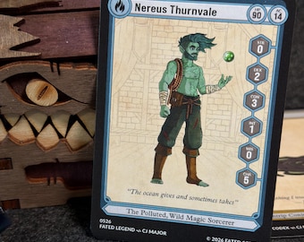DnD NPC Card Set,  Nereus Thurnvale Wild Magic Sorcerer, Physical Trading Cards, 5e Stat Block Items Homebrew Spell, TTRPG Gift, Grab Go DnD