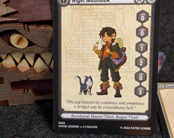 DnD NPC Card Set, Nigel Mudhook Rogue Thief, Physical Trading Cards, 5e Stat Block Items Homebrew Spell, TTRPG Gift, Grab & Go DnD