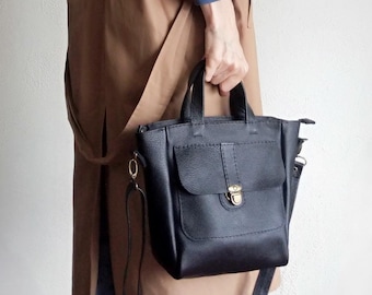 Black Minimalist leather tote bag,Hobo shoulder bag,Women's Leather Handbag,Shoulder bag,Black Small Leather Top Handle Bag,Crossbody bag