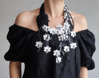 White and Black Leather Flower Statement Necklace, Floral Fringe Choker, Edgy Jewelry for Women, Unique Boho Gift for Her