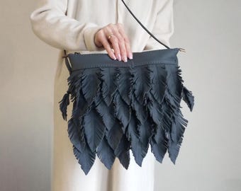 boho shoulder bag with feather leaves,women's gray shoulder clutch,gift for her