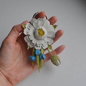 White leather gerbera with blue bells,Leather Purse Charm Aster,Genuine Leather Flower Bag Charm,Handbag Charm,Purse Charms,gift for her