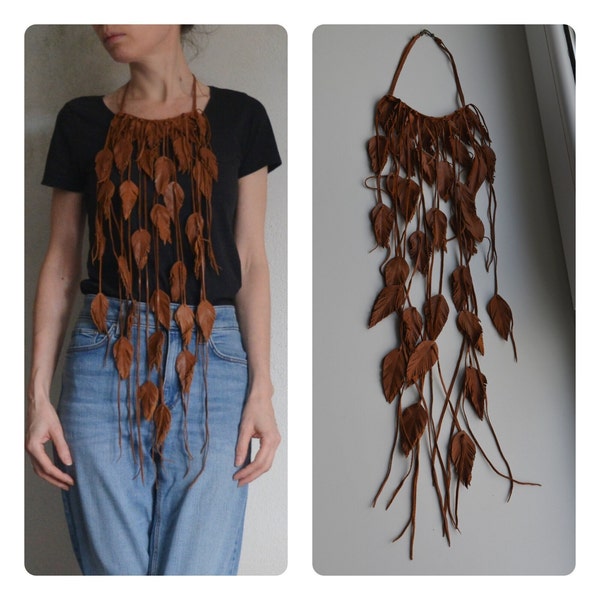 Collier long plumes en cuir, collier long à franges, collier forêt, collier plastron en cuir, grand collier, collier marron, collier pour femme