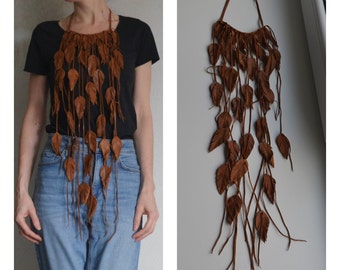 Long leather feather necklace,long fringe necklace,forest  Necklace, Leather Bib Necklace,Large Necklace,Brown Necklace,Necklace For Women