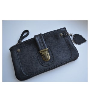 Cartera de cuero hecha a mano para mujer, billetera de cuero negro con bolsillo y cierre de cremallera, billetera de cuero para teléfono y dinero, regalo para ella
