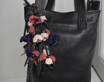 Small RosesLeather Purse Charm  purple and pink,Genuine Leather Flower Bag Charm,Handbag Charm,Purse Charms leather ,Leather Flower Keychain