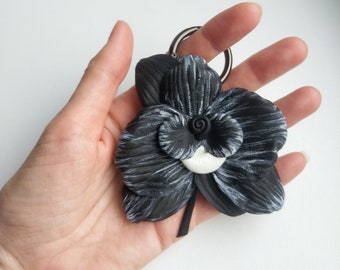 Black Orchid,Genuine Leather Flower Bag Charm Orchid,black and white orchid,Purse Charms orchid,Leather Keychain with orchid,Purse Charm