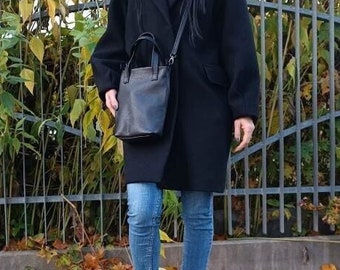 Minimalist Black Leather Mini Tote Bag, Hobo Shoulder Bag