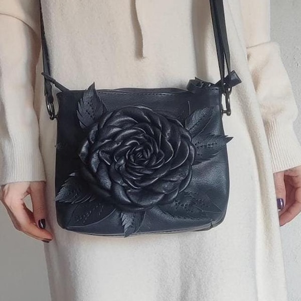 Leather shoulder bag with rose,forest bag,women's Bag with zipper,Natural leather purse,Bag with zipper,black roses,gift for her