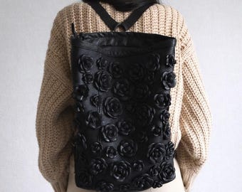 Black leather backpack with flowers,shoulder bag with roses,women's backpack,Natural leather backpack purse,Leather Rucksack,black roses
