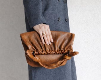 Soft Leather Knot Handle Bag, Convertible Brown Clutch with Back Zipper, Slouchy Anti-theft Hobo, Top Handle Handbag
