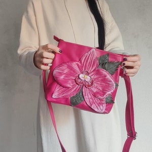 Rosa Leder Handtasche Orchidee, Schultertasche Blume Wald mit Reißverschluss Fuchsia, Naturleder Geldbörse, Geschenk für Sie