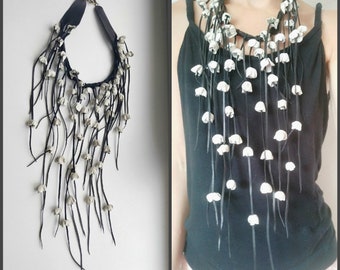 Leather Statement Necklace with White Roses, Long Fringe Necklace